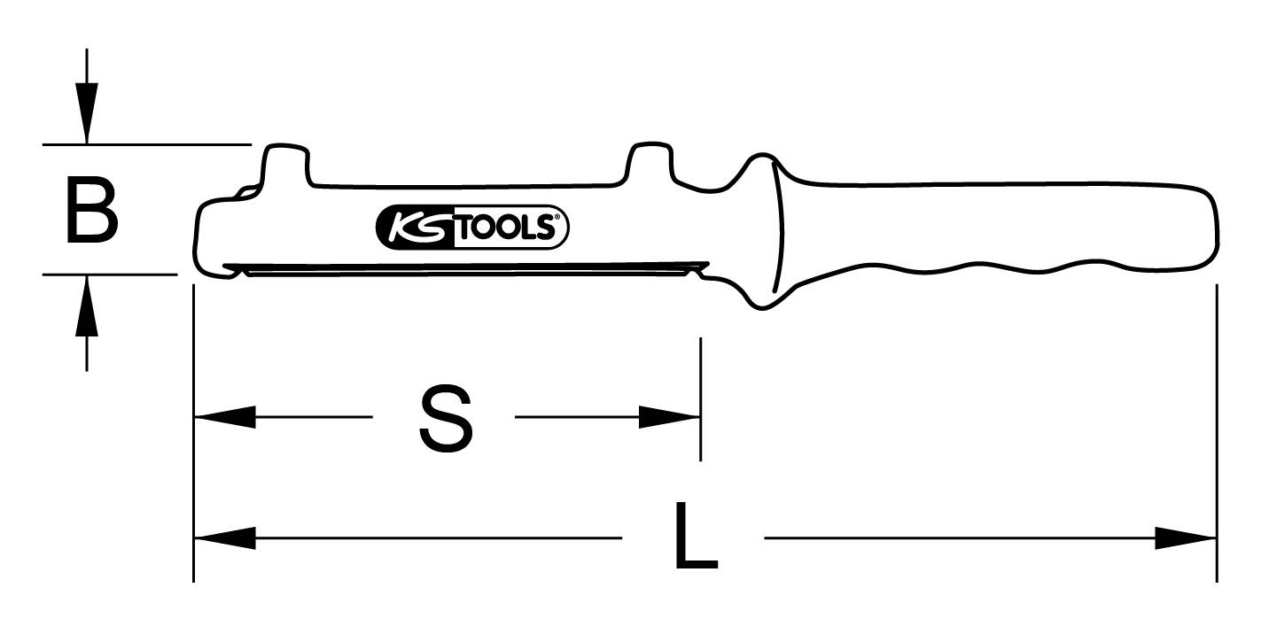 Sťahovač značky KS Tools s ergonomickou rukoväťou. Rozmery: dĺžka L, rezná dĺžka S, výška B uvedené. Diagram znázorňuje tvar a rozmery.