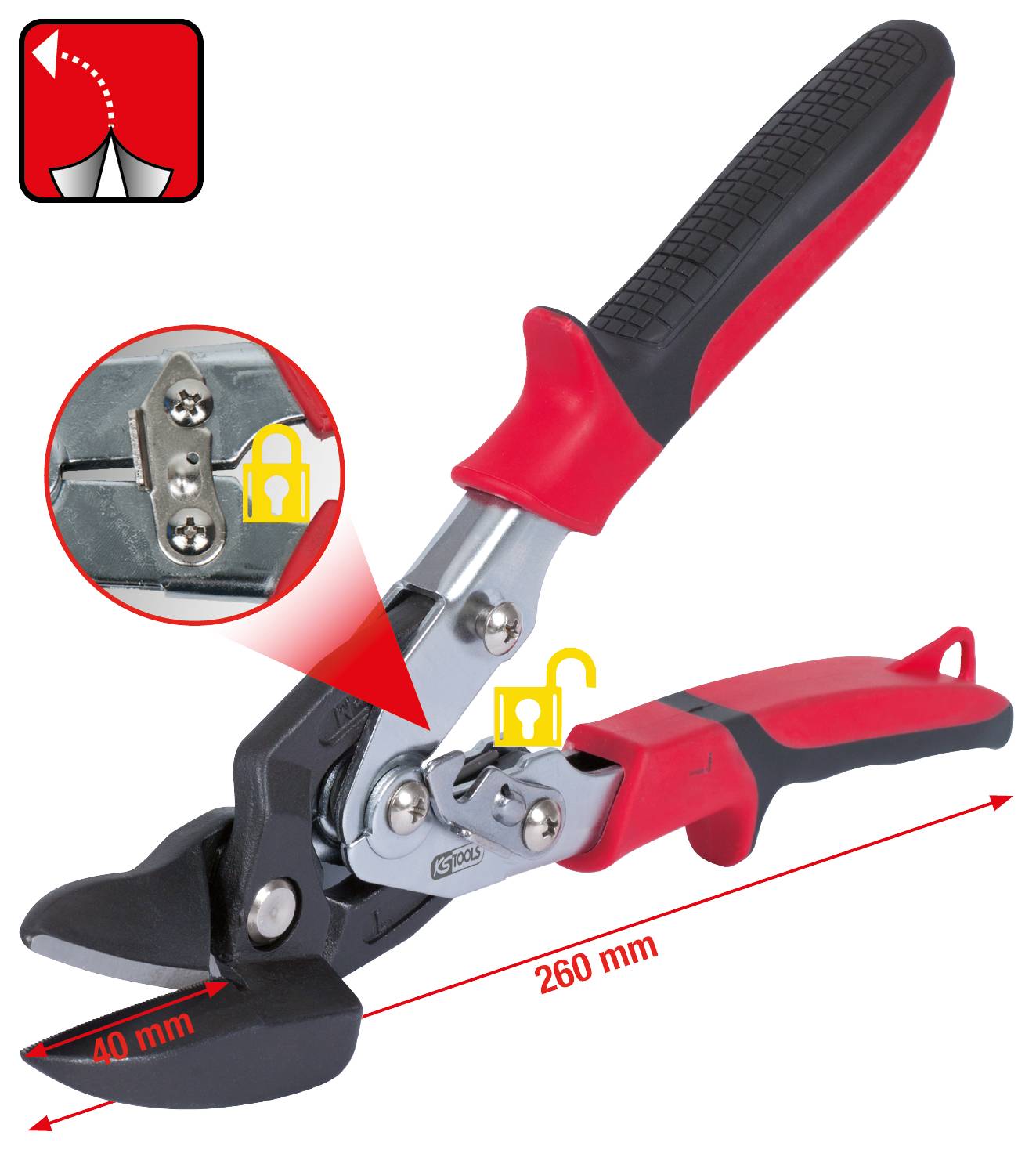 Kovový rezač s červenou a čiernou rukoväťou, dlhý 260 mm. Symbol zámku znázorňuje blokovaciu mechaniku.