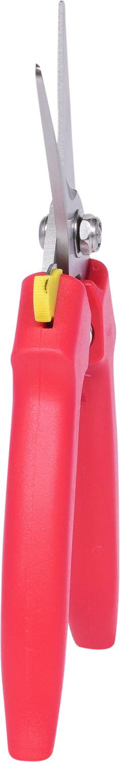 Červené záhradné nožnice so žltou poistkou a striebornými čepeľami pre presné strihanie rastlín.