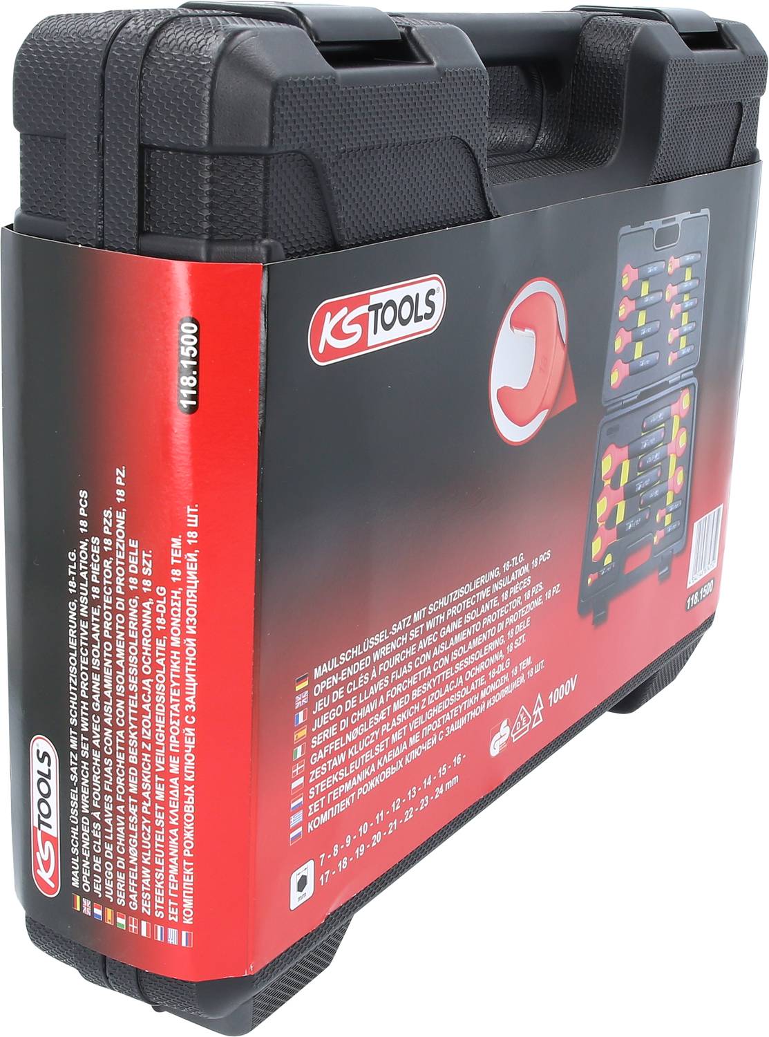 Kufrík s náradím s logom KS Tools, čierny pevný kryt, červená etiketa. Vnútri obsahuje farebne usporiadané náradie.
