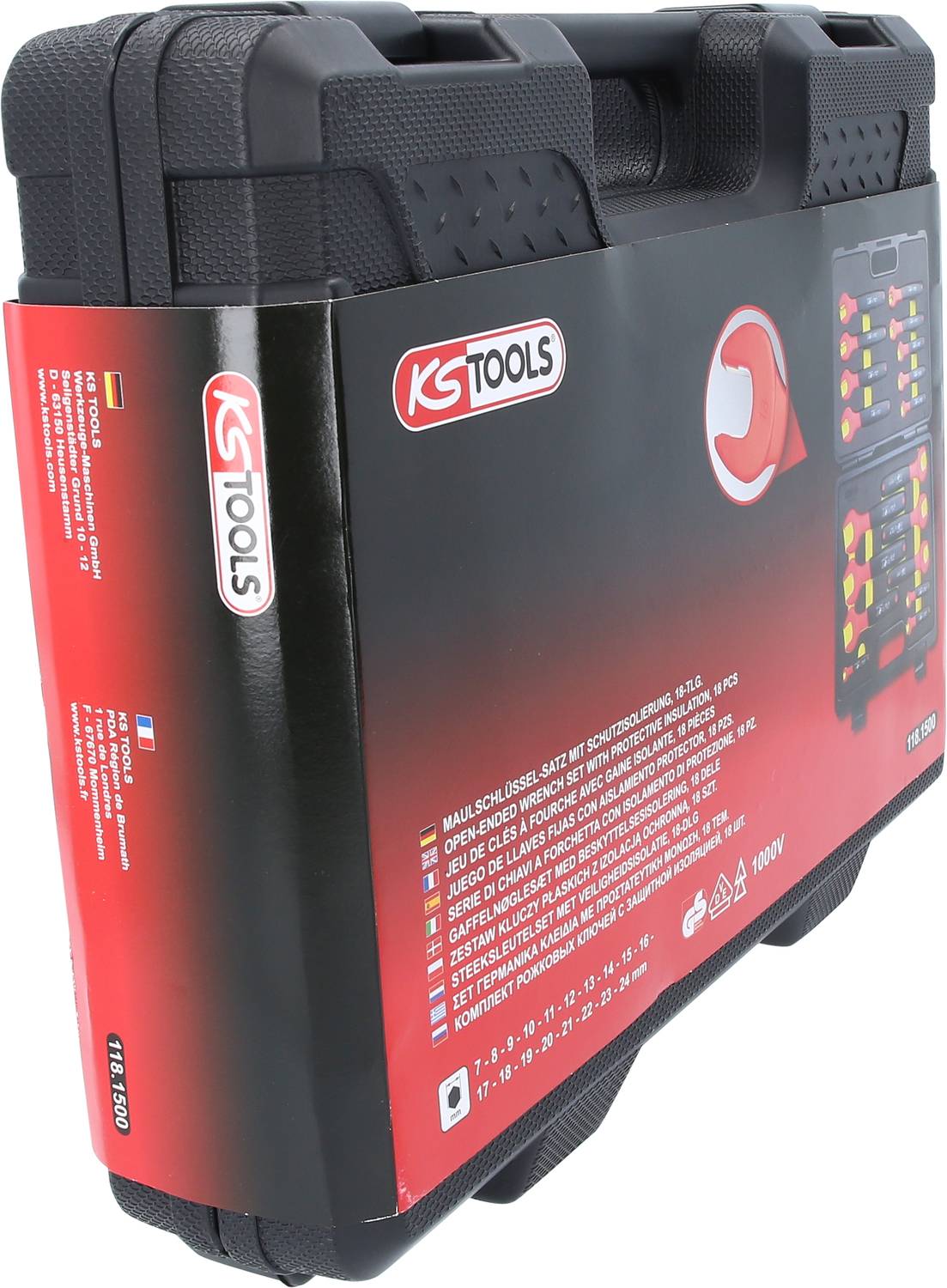 Čierny kufrík na náradie s červeným logom KS Tools a informáciami o produkte na obale. Obsahuje veľké množstvo nástrčných kľúčov.