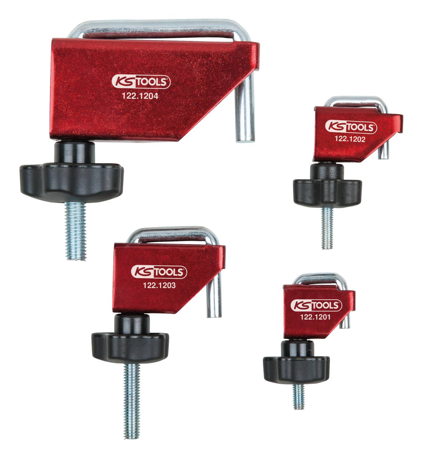 Štyri červené pružinové svorky s čiernou otočnou rukoväťou, v rôznych veľkostiach, od KS Tools. Slúžia na upevnenie obrobkov.