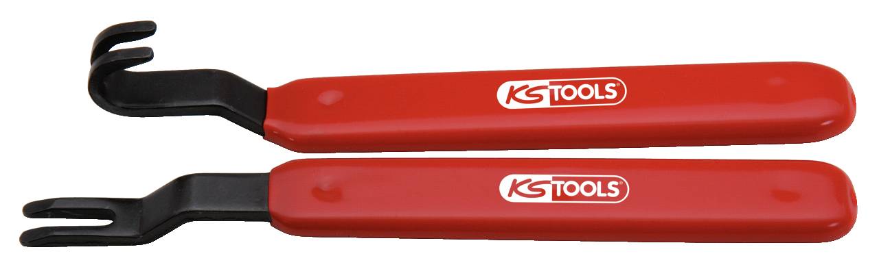 Dva červené páky na obloženie dverí s čiernymi kovovými koncami a logom 'KS TOOLS'. Určené na bezpečné vyberanie vnútorných obložení automobilov.