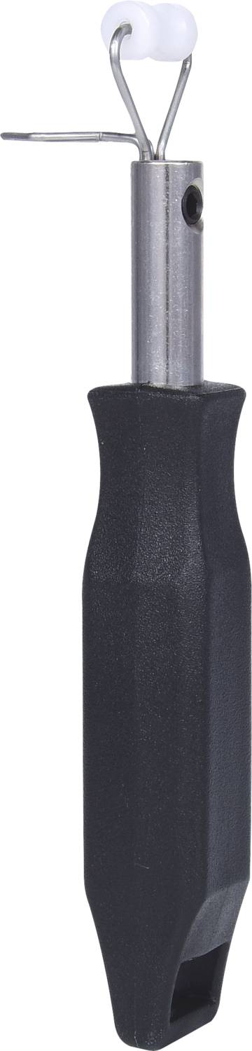 Nástroj s čiernou ergonomickou rukoväťou a strieborným kovovým telom, ktorý sa používa na odstraňovanie nití alebo švov.