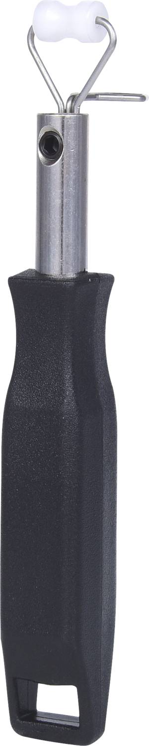 Čierna rukoväť s kovovým nadstavcom a bielou, okrúhlou hlavou. Nástroj pôsobí presne a prakticky.