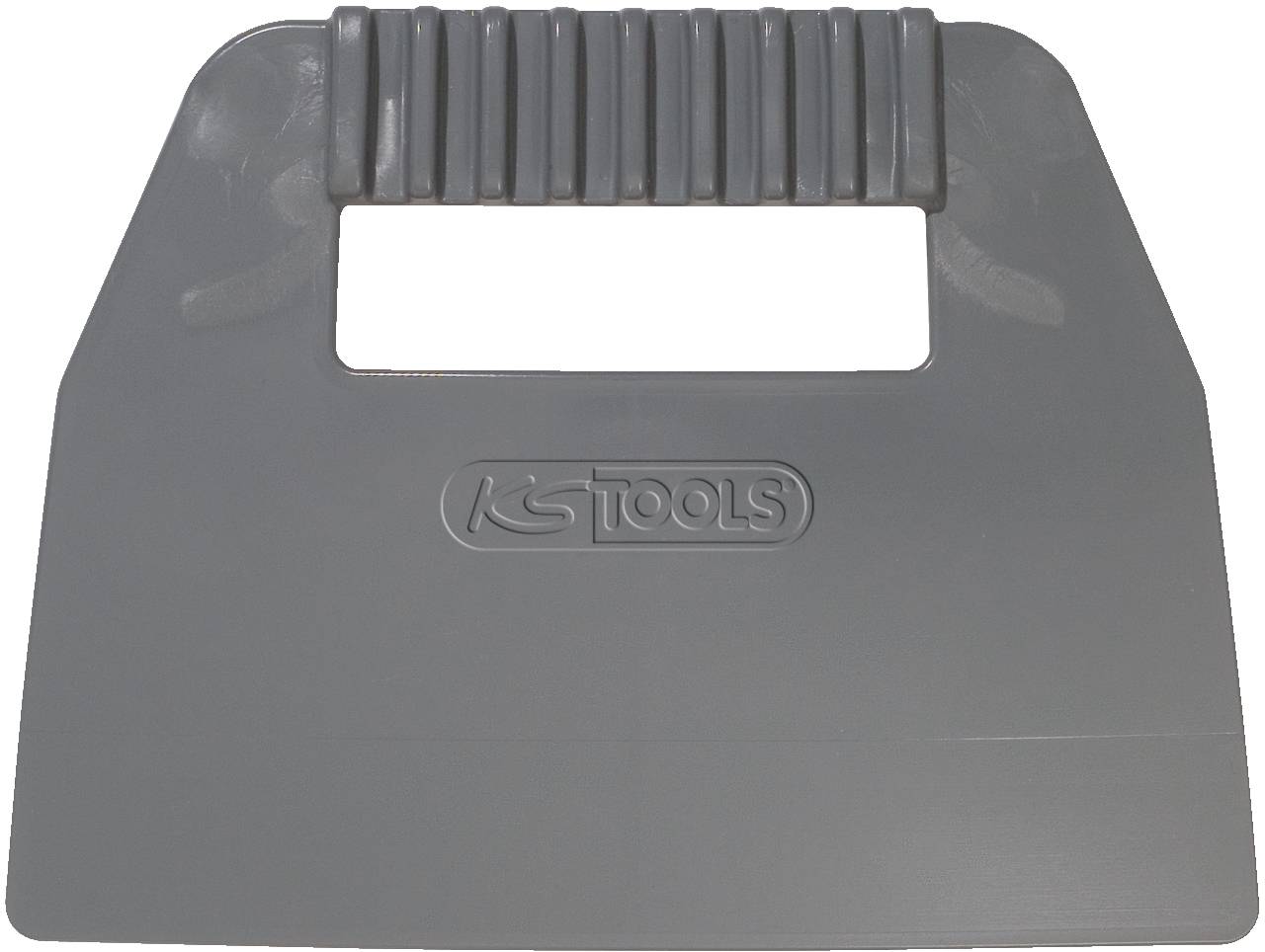 Sivý plastový škrabací nástroj na etikety s rukoväťou a logom KS Tools, používaný na odstraňovanie nálepiek alebo etikiet z povrchov.