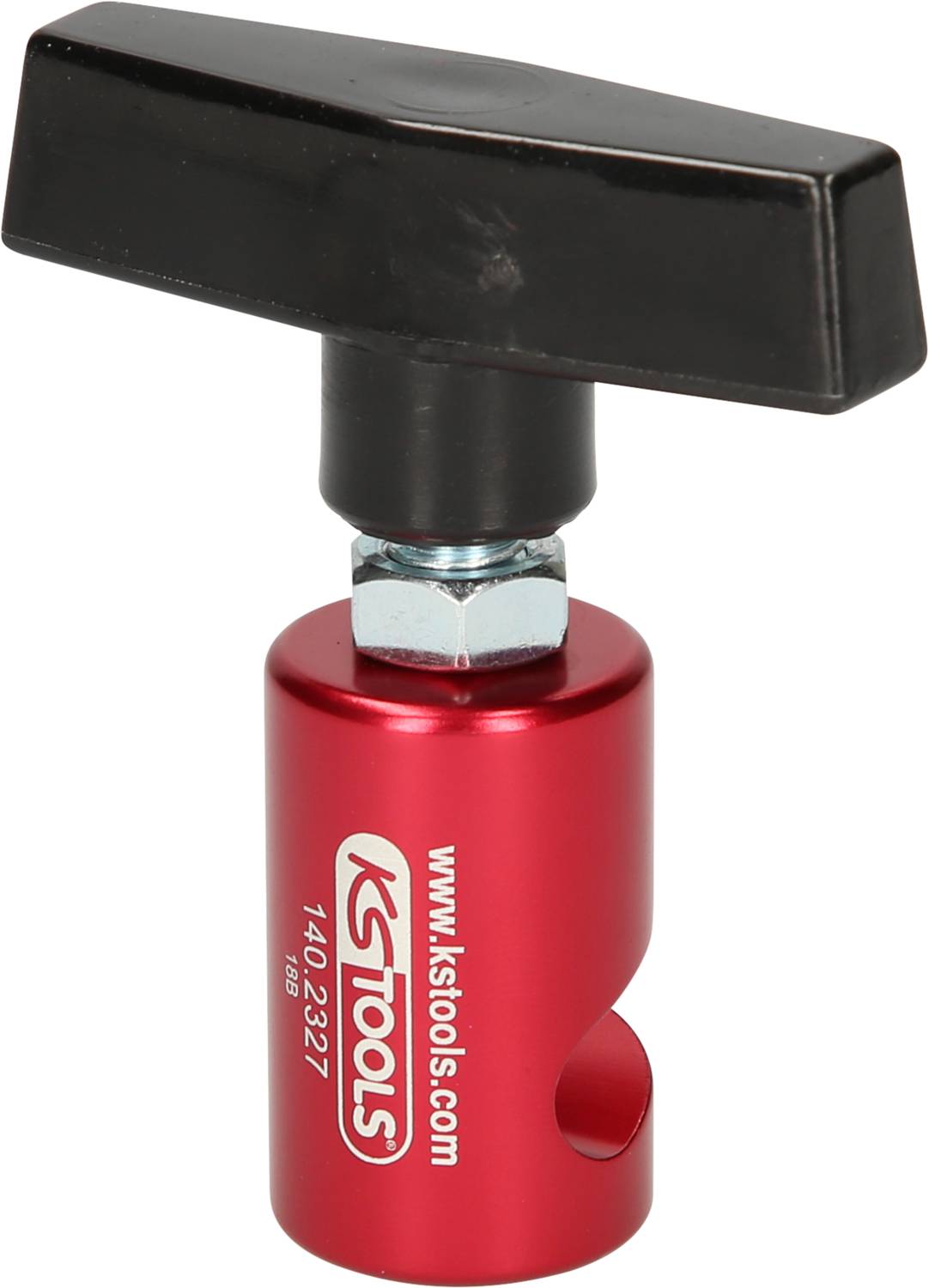 Nástroj s červeným valcovitým držadlom a čiernou T-rukoväťou. Popis: 'KS Tools, www.kstools.com'.