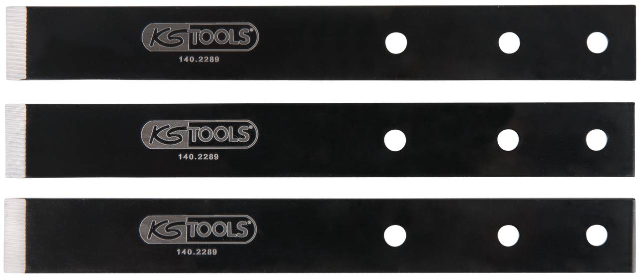 Tri čierne náhradné čepele s otvormi a logom 'KS Tools', modelové číslo 140.2289, usporiadané vedľa seba.
