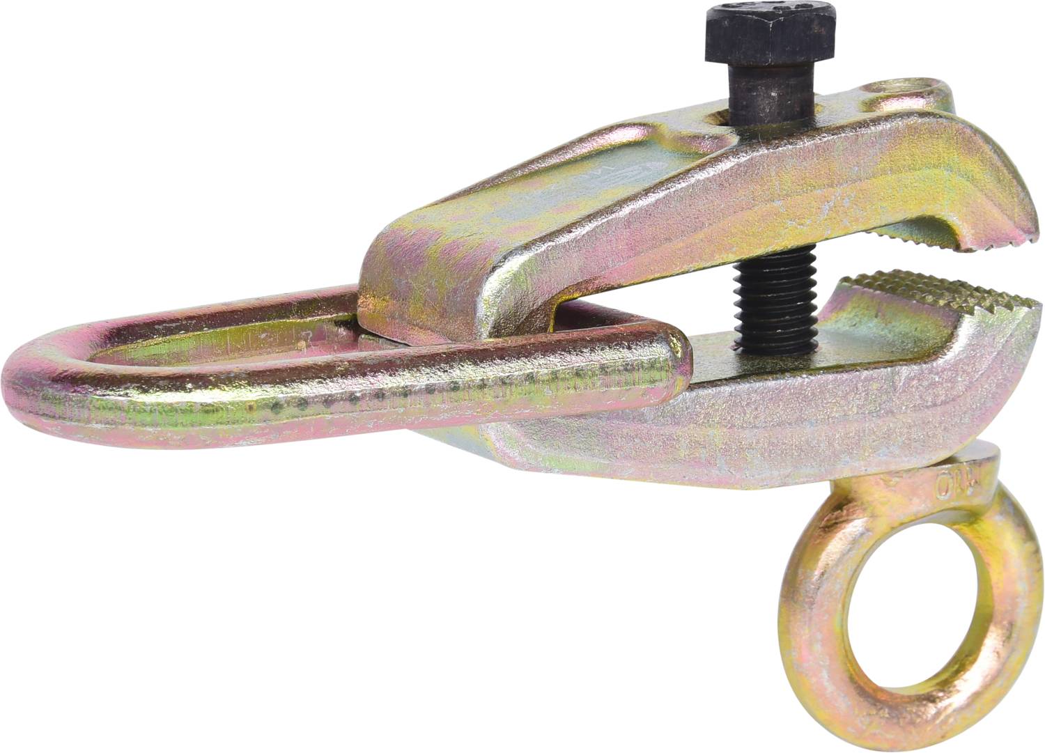Kovová svorka so skrutkou a zakriviteľným hákom, používaná na ťahanie alebo upevňovanie predmetov v priemyselných aplikáciách.