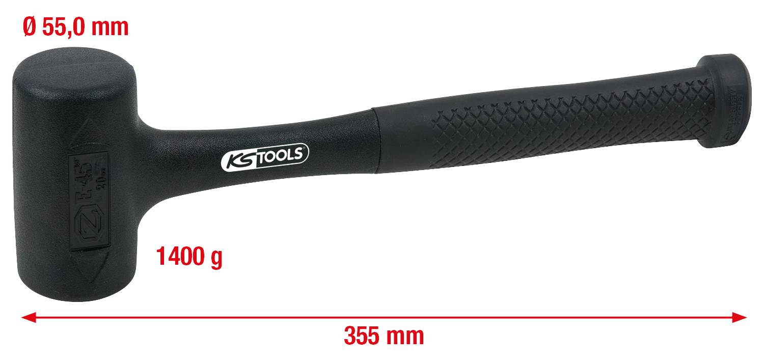 Gumené kladivo s priemerom 55 mm, dĺžkou 355 mm, hmotnosťou 1400 g. Čierna rukoväť s textúrou, značka 'KS Tools'.