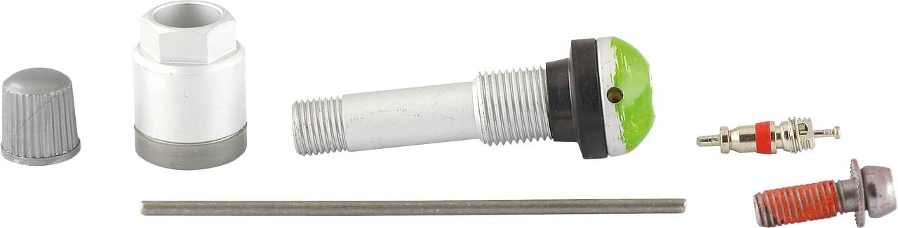 Sada ventilu pneumatiky pozostávajúca z čiapočky, stonky ventilu, vložky ventilu a tesniacich skrutiek, vhodná na montáž a opravu automobilových pneumatík.