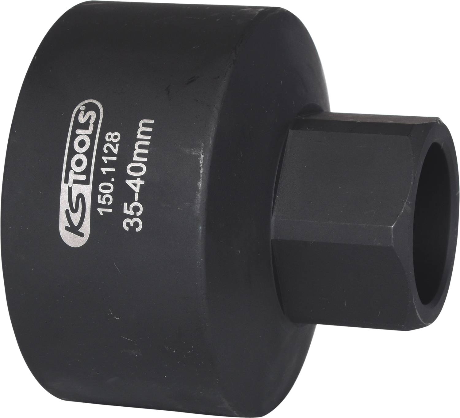 Čierny nástrčný kľúč s nápisom 'KS Tools 150.1128 35-40mm'. Používaný na mechanické účely.