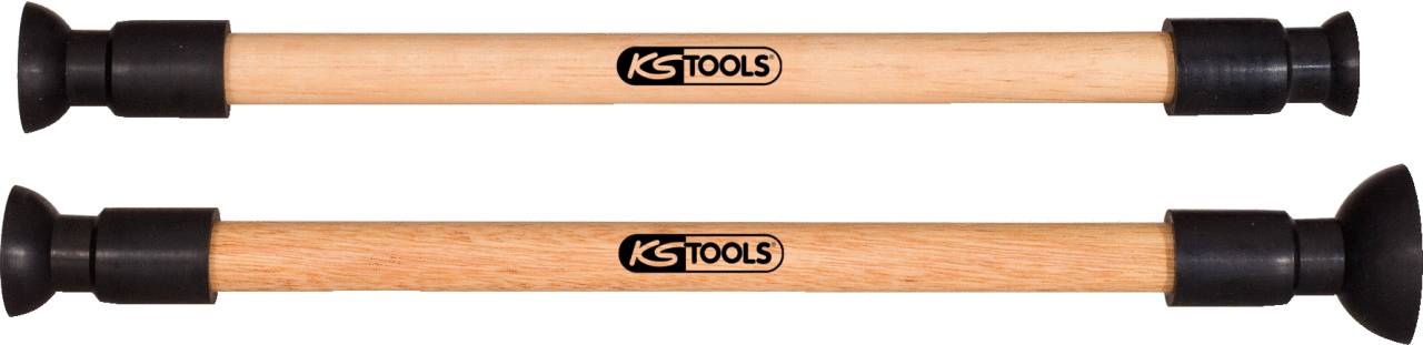 Dva nastaviteľné drevené podporné trámy s čiernymi koncovkami a logom 'KS Tools' v strede, ležia vedľa seba rovnobežne.