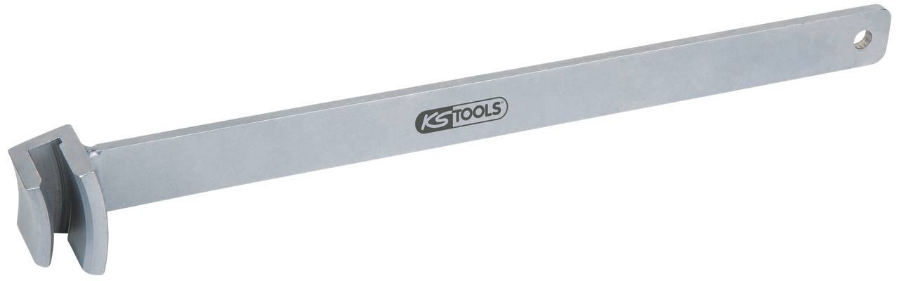 Strieborný háčikový kľúč značky KS Tools, vhodný na pridržiavanie a uvoľňovanie matíc alebo klieští, s dlhou rukoväťou.