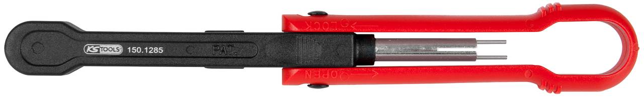 Červený a čierny mechanický nástroj na inštaláciu slepých nitov, s elegantnými kovovými ramenami a plastovou rukoväťou.