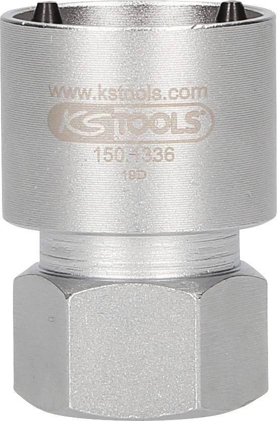 Strieborný nástrčný kľúč s nápisom 'www.kstools.com KS TOOLS 150.1336 12D', vhodný na uvoľňovanie matíc.