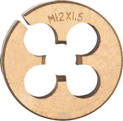 Okrúhla kovová závitová čeľusť s nápisom 'M12x1.5', ktorá sa používa na rezanie vnútorných závitov na tyčiach.