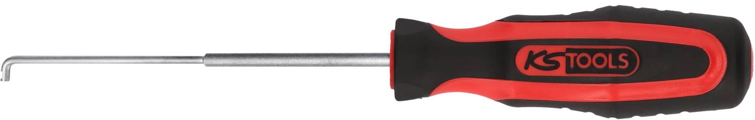 Červený a čierny hákový nástroj s plastovou rukoväťou a nápisom 'KS TOOLS' na rukoväti.