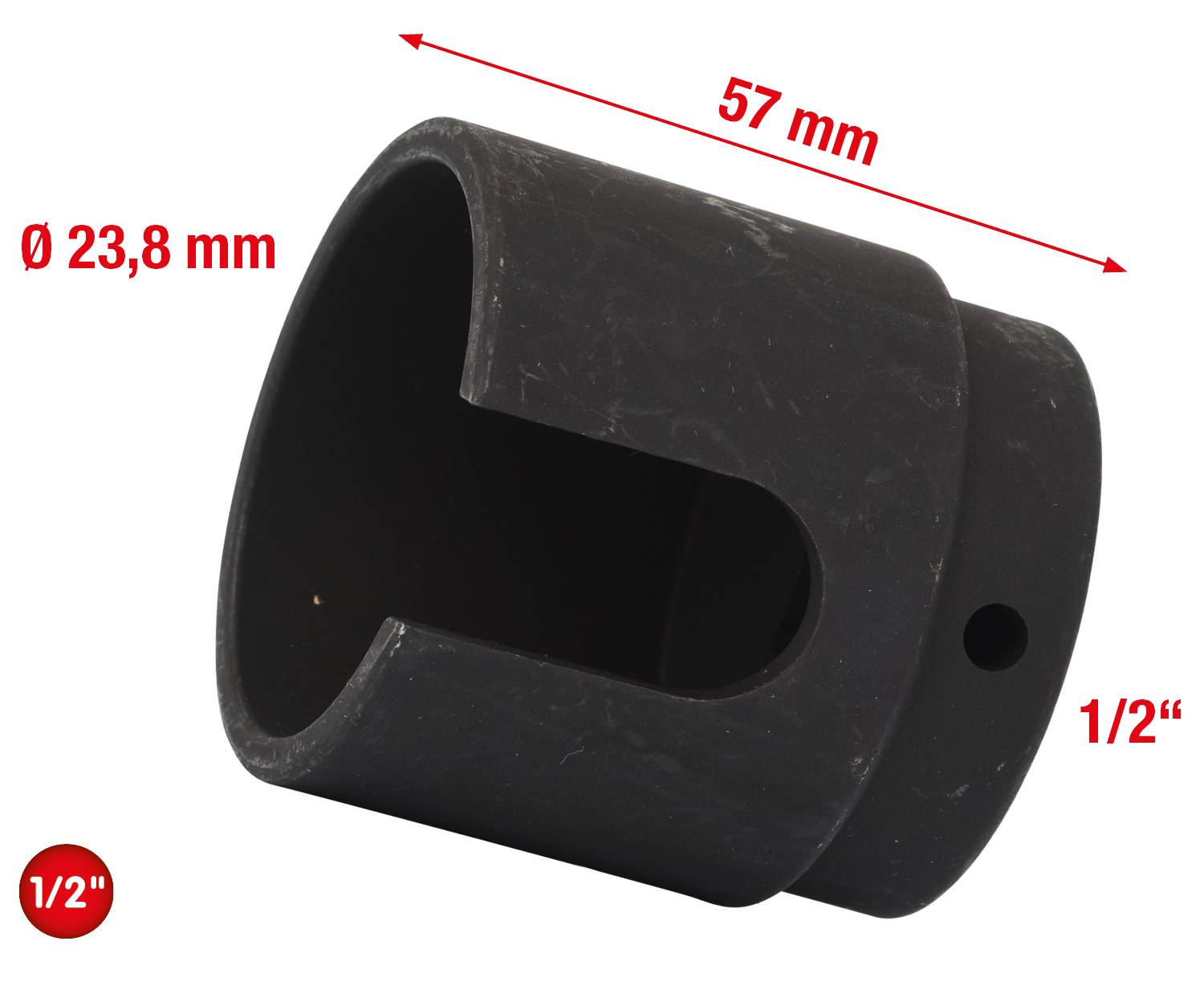 Valcový kovový nástavec s jedným výrezom, 57 mm dlhý, priemer 23,8 mm, 1/2 palca, s čiernym povrchom, technický nástroj.