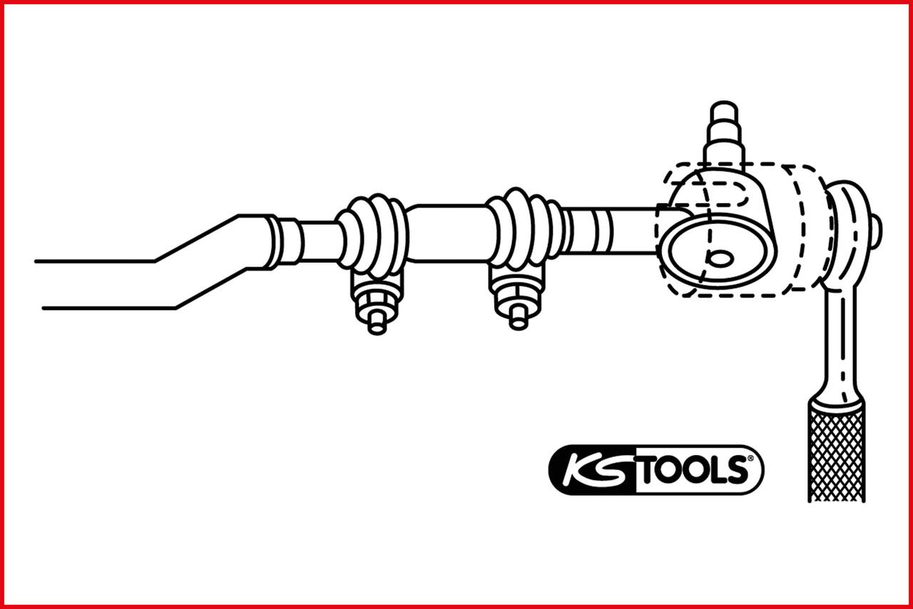 Ilustrácia nástroja s dvoma skrutkovými maticami pripojeného k potrubnému vedeniu. Logo KS Tools v pravom dolnom rohu.