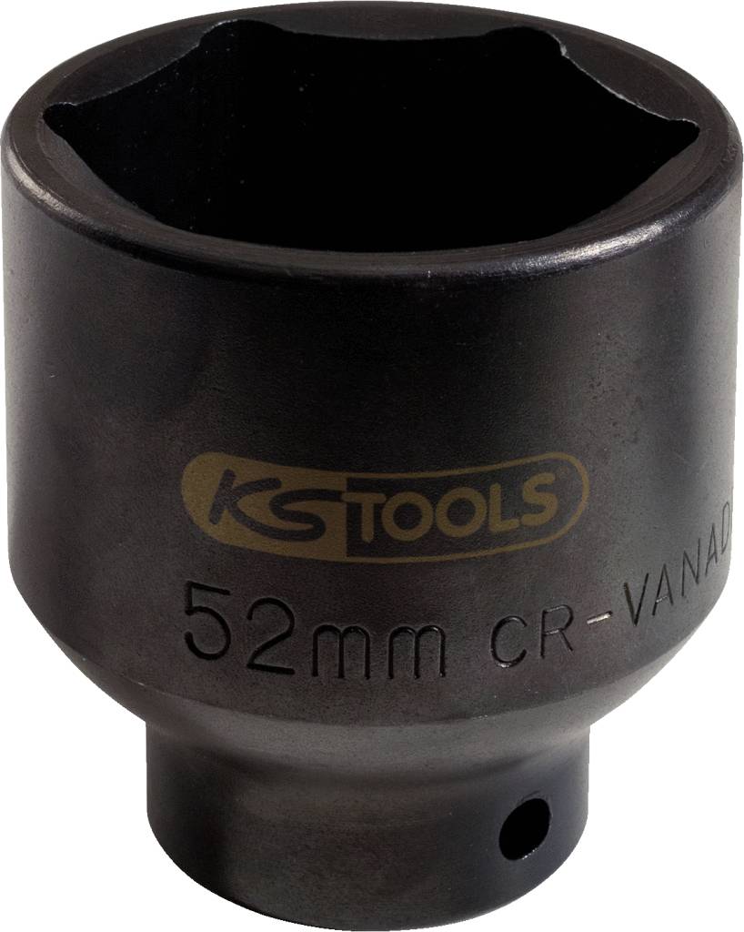 Tmavosivý nástrčný kľúč s nápisom 'KG Tools 52mm CR-VANAD'. Zaoblený tvar, čierny kov, vhodný na skrutkovacie práce.