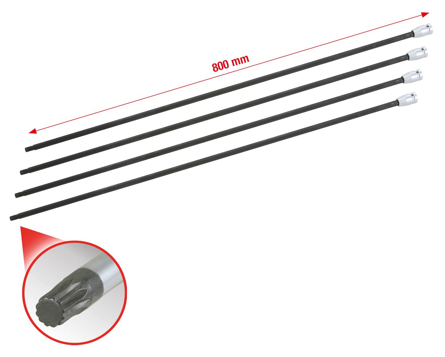 Štyri čierne tyče s dĺžkou 800 mm, kovová hlava zobrazená v detailnom zábere, aby boli ukázané detaily ich štruktúry.