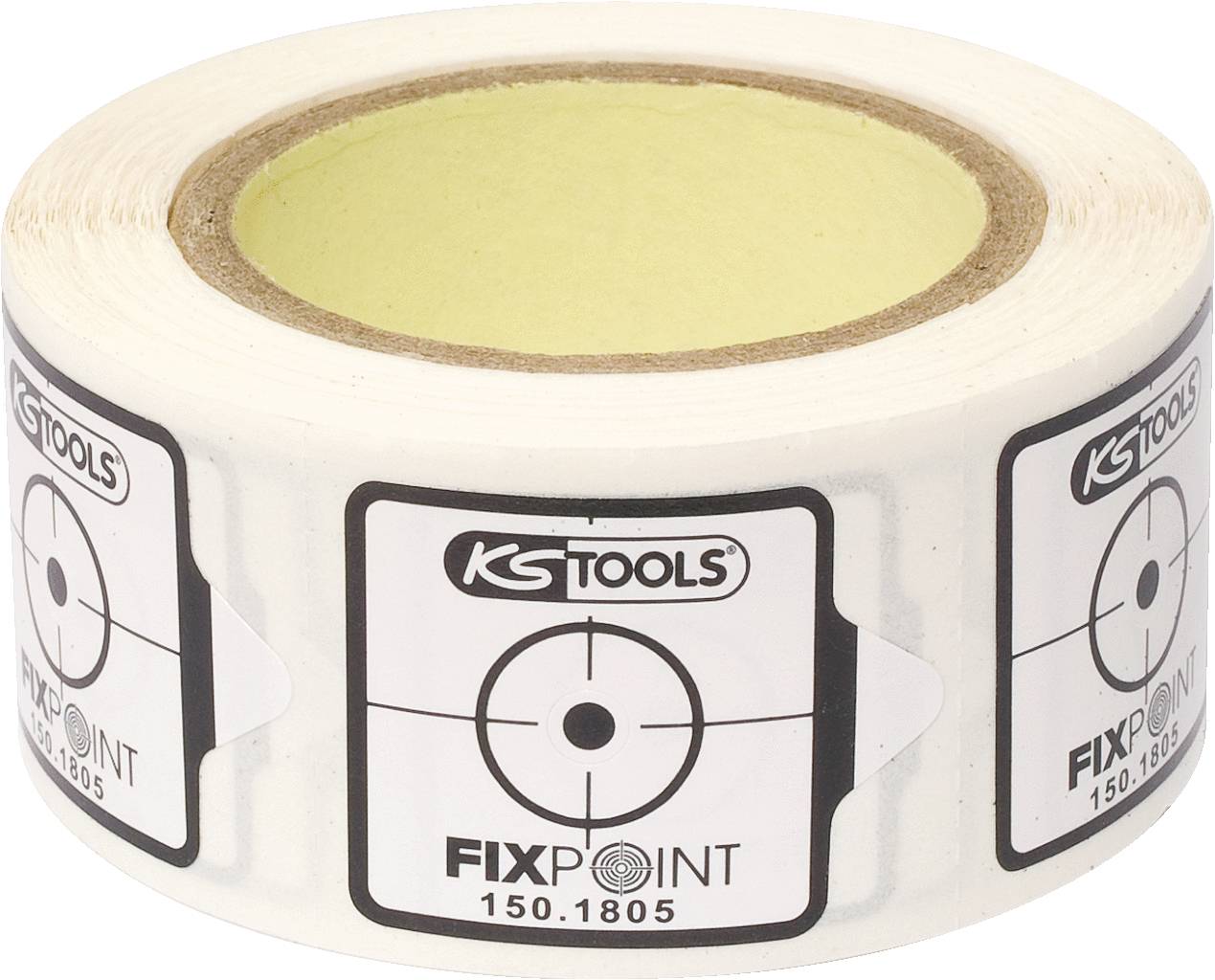 Rolka okrúhlych nálepiek od KS Tools s nápisom 'FIXPOINT' a grafickým motívom terča v strede.