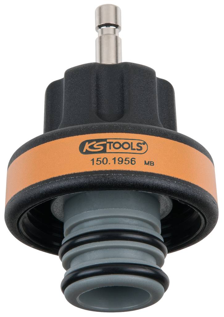 Ventilový adaptér s čiernym a oranžovým krytom, vhodný pre použitie v hydraulických systémoch. Označenie: 'KS TOOLS 150.1956'.