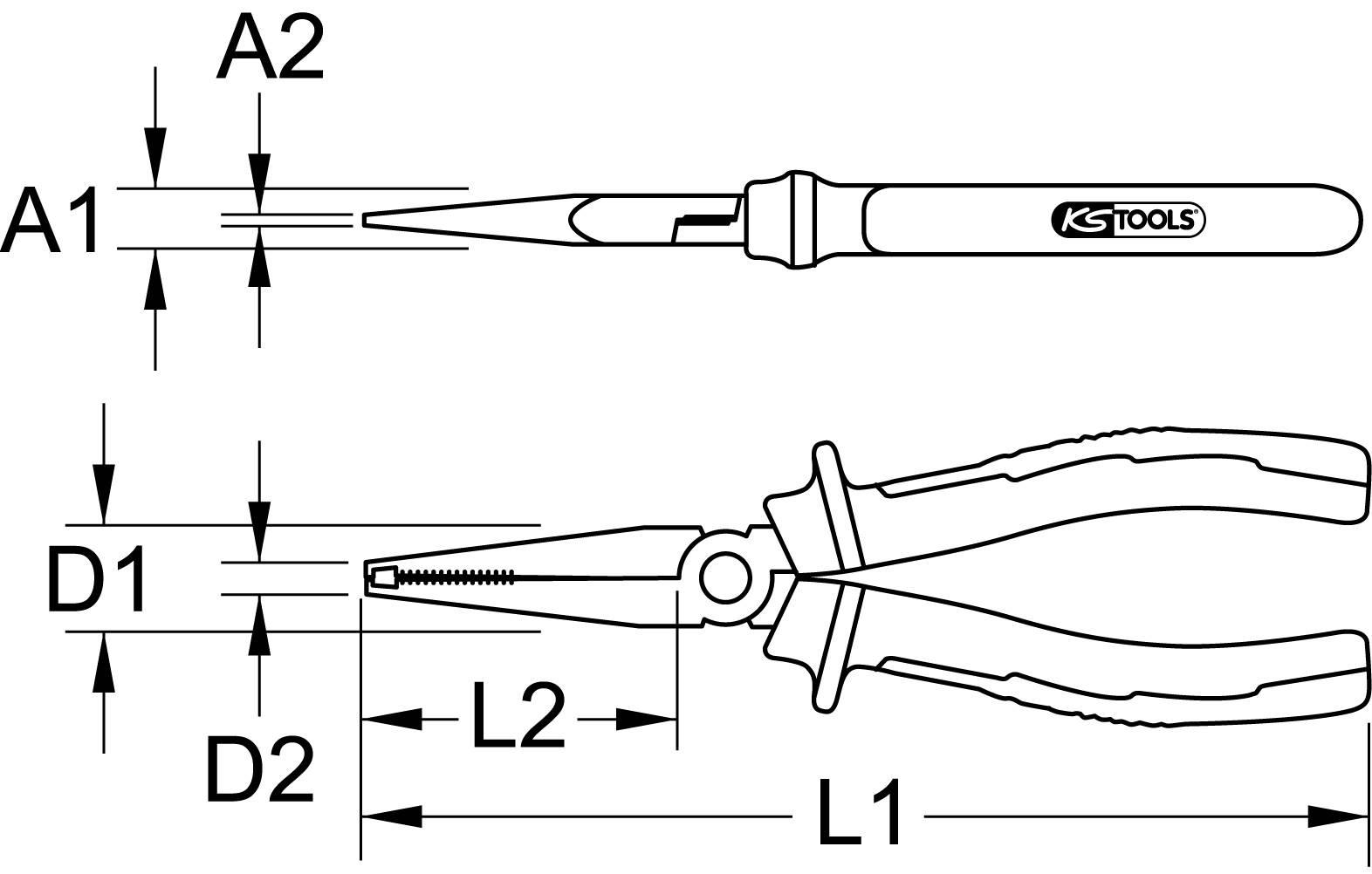 'Náčrt kombinovaných klieští so špecifickými rozmermi: A1, A2, D1, D2, L1, L2, s nápisom na rukoväti KS Tools.'