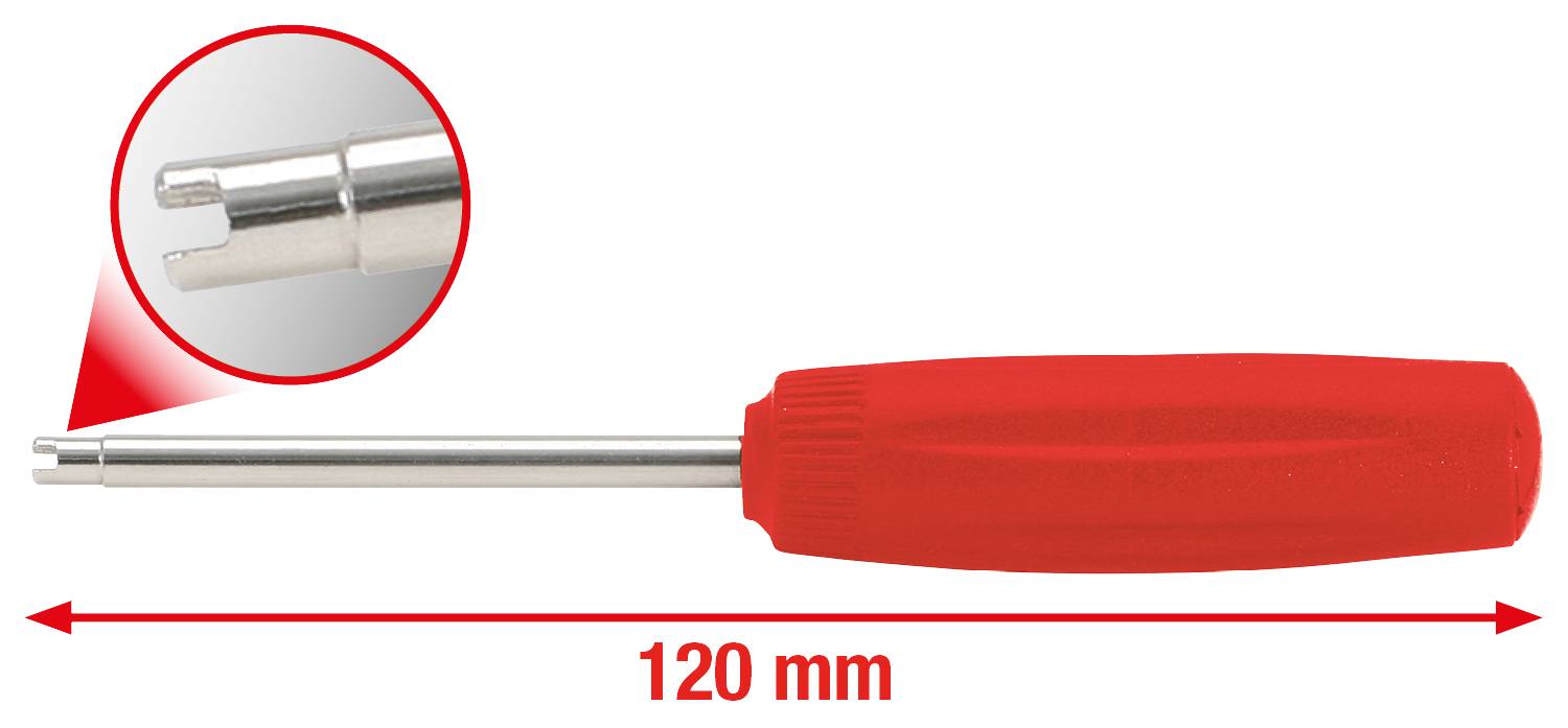 Kľúč na ventil s červeným držadlom, dĺžky 120 mm, zobrazuje hrot v detailnom zábere, ktorý má dva zárezy.