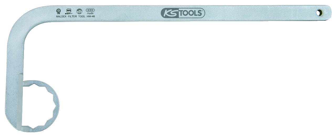 Kovový kľúč s ohnutou rukoväťou značky 'KS Tools', vhodný na použitie v ťažko dostupných miestach.