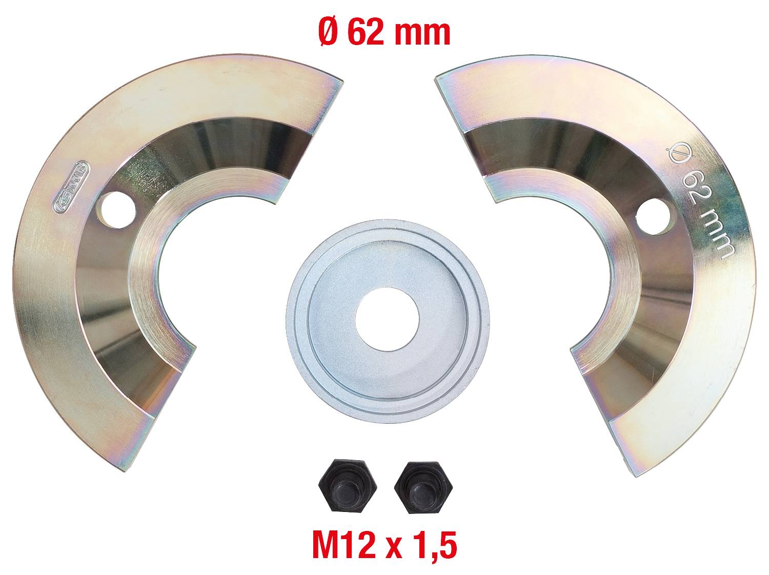 Dva polkruhovité kovové diely s priemerom 62 mm, stredová strieborná podložka a dva čierne skrutky pod ňou, M12 x 1,5.