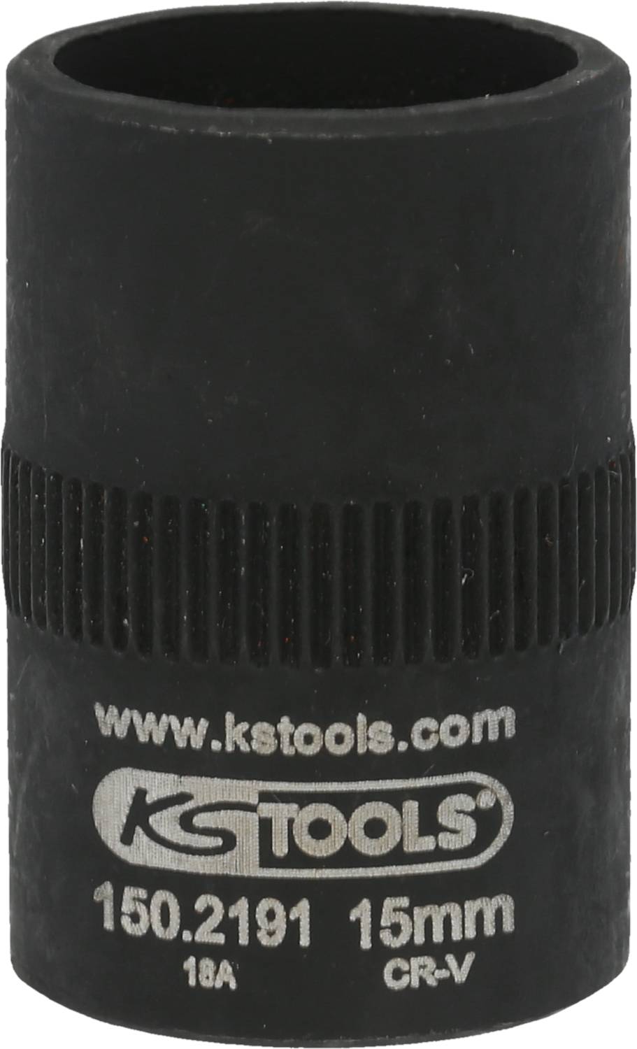 Nástrčný kľúč 'KS Tools' s veľkosťou 15 mm v kruhovom tvare, označenie na čiernom kove, jemne vrúbkovaná stredová časť.