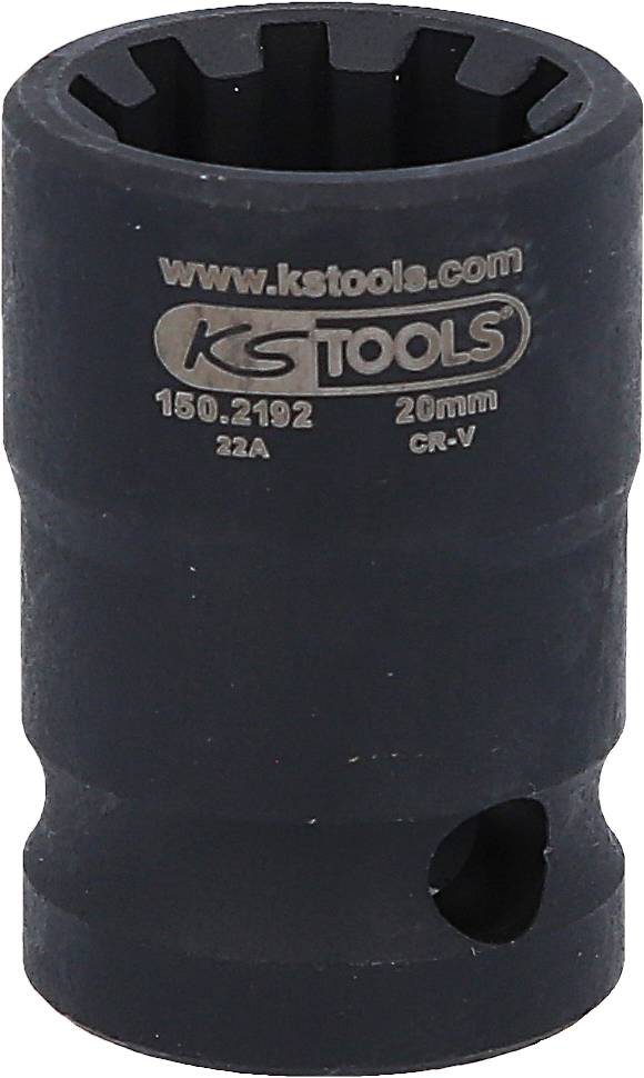 Čierna nástrčná matica s nápisom 'www.kstools.com KS TOOLS 150.2192 22A 20mm CR-V'. Nástroj na upevňovanie skrutiek.