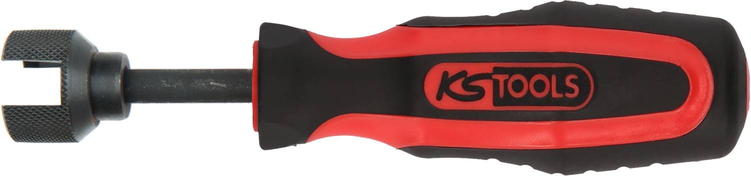 Skrutkovač so čiernou a červenou rukoväťou značky 'KS Tools', položený na boku. Vhodný pre prácu so špeciálnymi skrutkami.