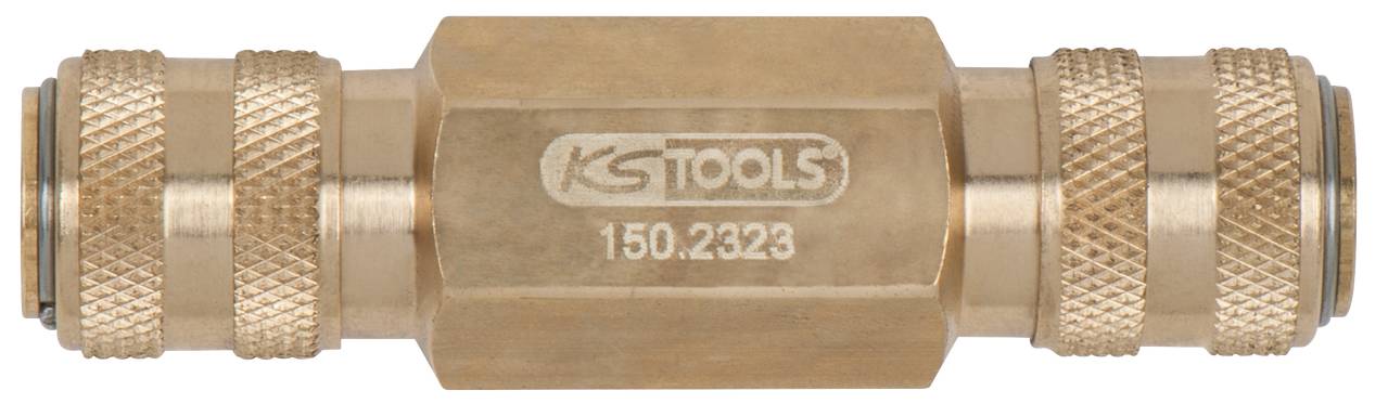 Mosadzný ventil s nápisom 'KS TOOLS 150.2323', valcovitého tvaru s ryhovanými koncami rukoväte vľavo a vpravo.