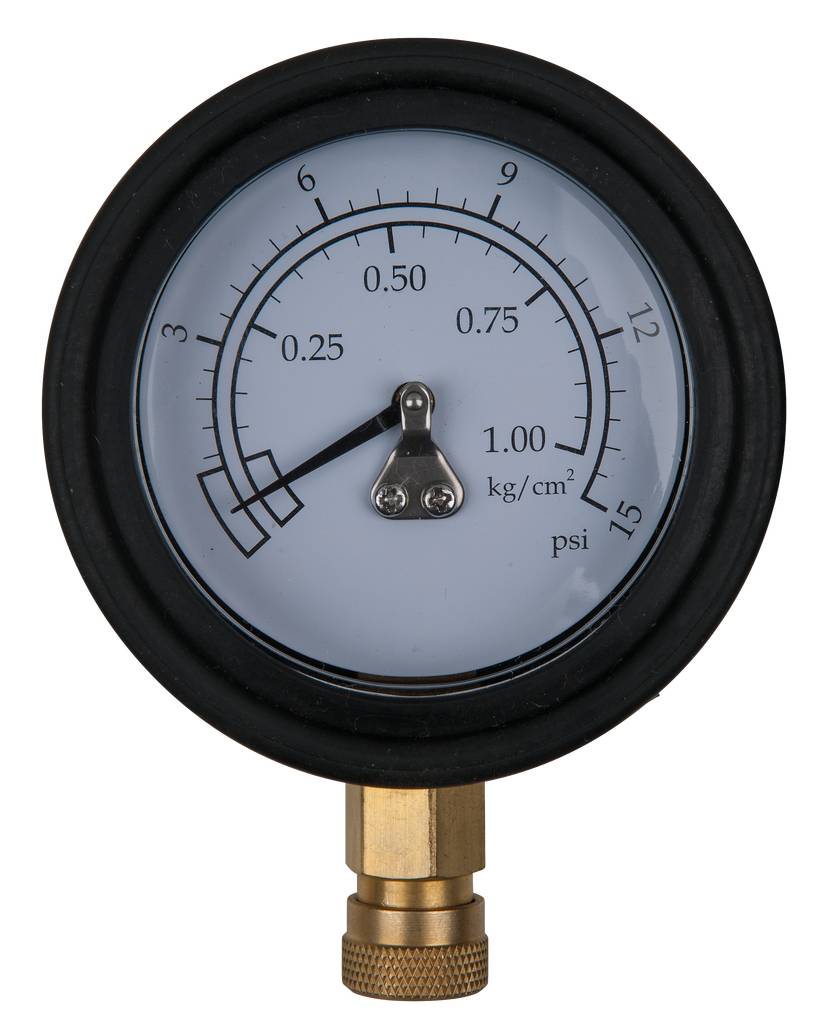 Manometer ukazuje tlak v kilogramoch na štvorcový centimeter od 0 do 1,5 a v psi od 0 do 15. Ručička ukazuje 1,0 kg/cm².
