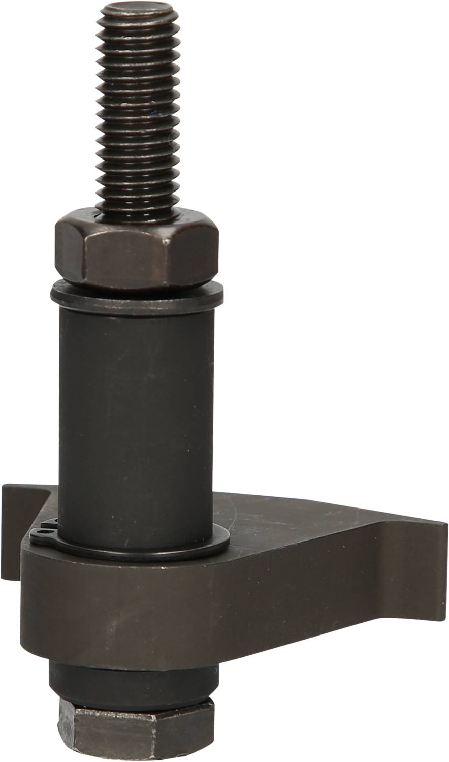 Čierny kovový upevňovací mechanizmus so skrutkou a maticou, vhodný pre stroje alebo technické aplikácie.