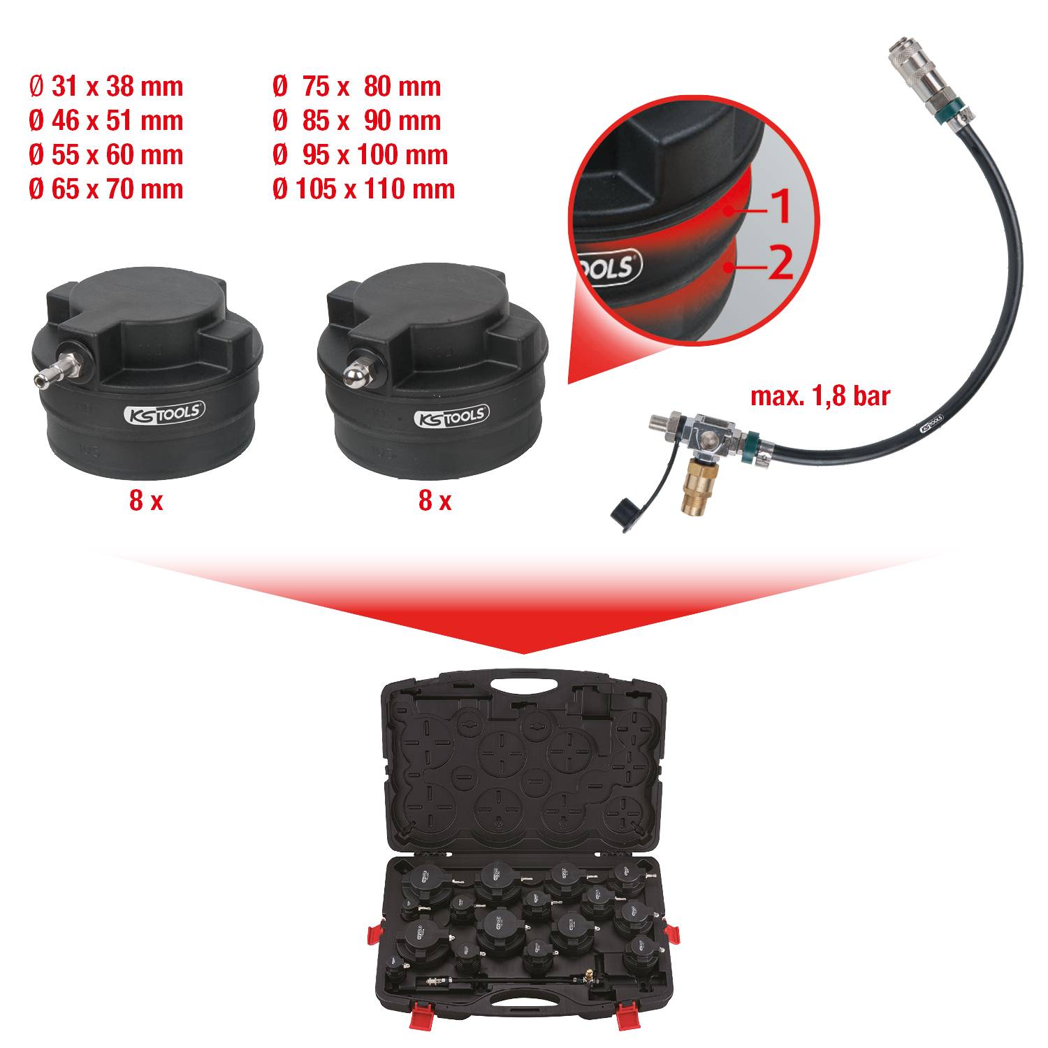 'Dve čierne čiapky, hadica s tlakovým meradlom, červený text s rozmermi. Nižšie otvorený kufor s nástrojmi.'