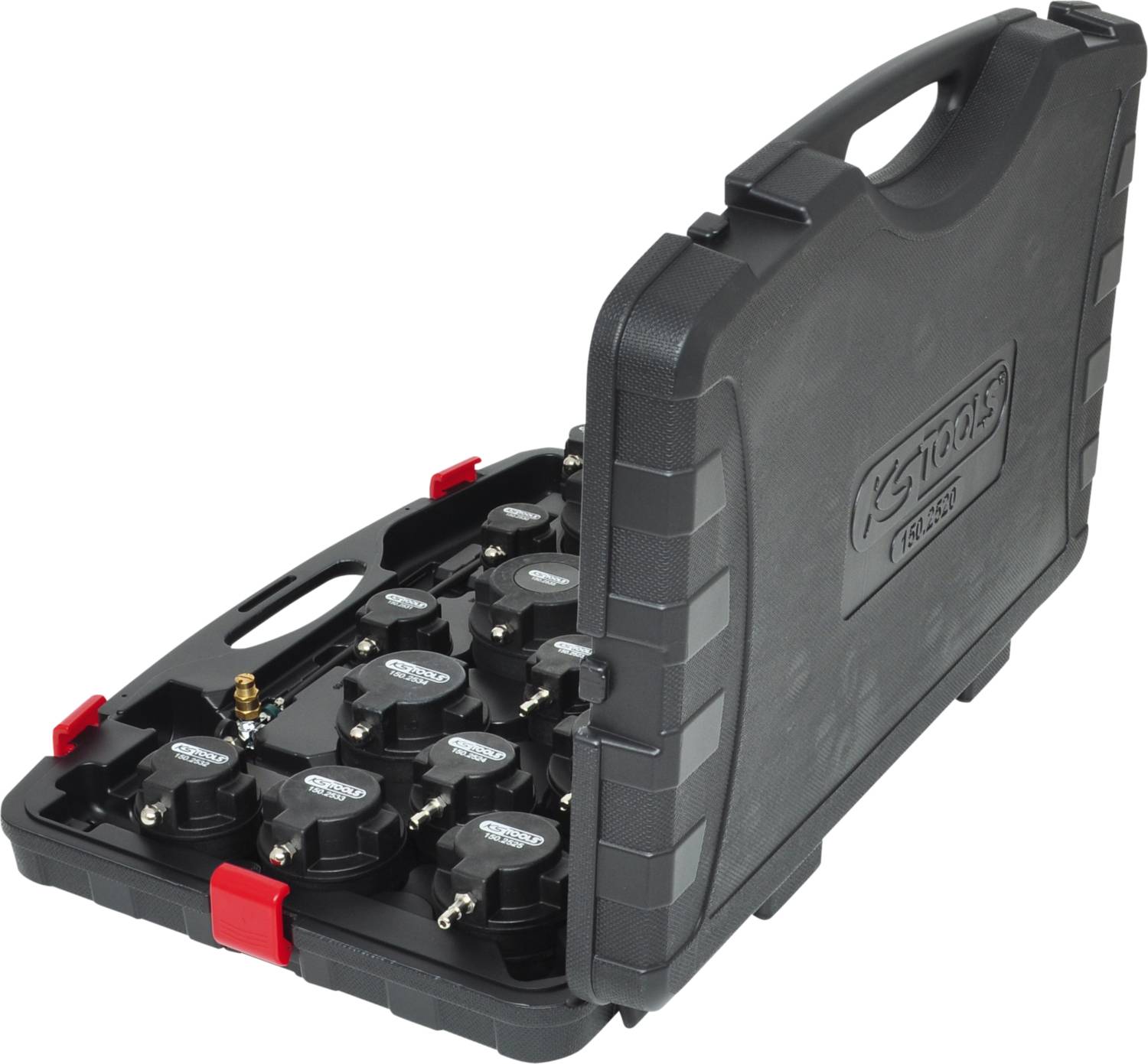 Súprava náradia s nápisom 'KS Tools' obsahuje rôzne nástavce a príslušenstvo, systematicky usporiadané v samostatných priehradkách pre opravy.