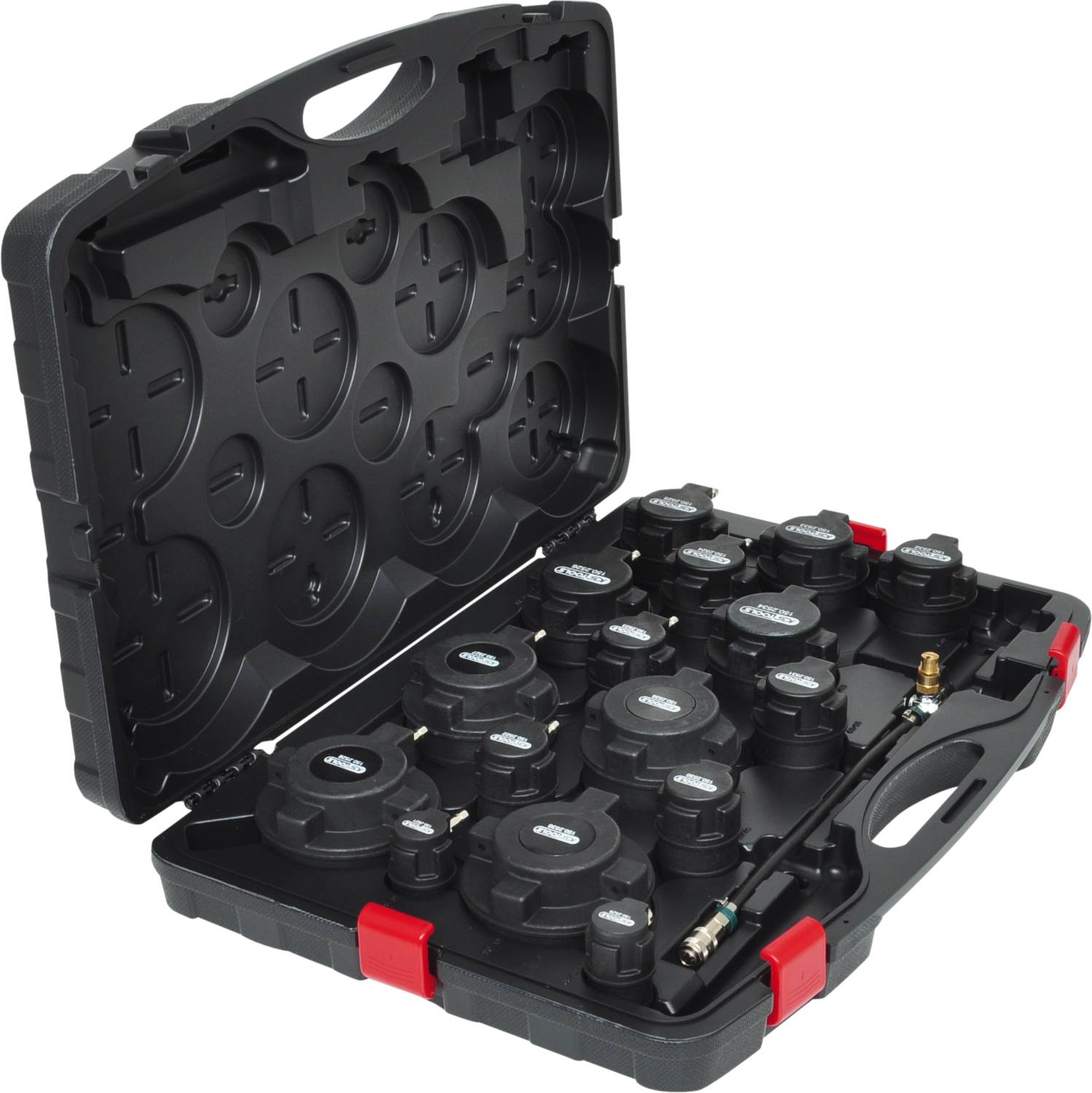 Čierny plastový kufrík s rôznymi okrúhlymi nástrojovými súčiastkami v tvarovaných držiakoch. Otvorenie kufríka odhaľuje jeho usporiadanie.