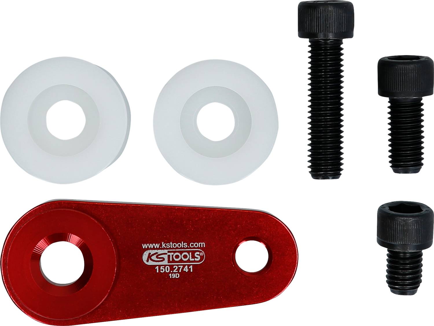 Červená súčasť nástroja s nápisom 'www.kstools.com 150.2741 19D', dva biele plastové diely a štyri čierne skrutky.