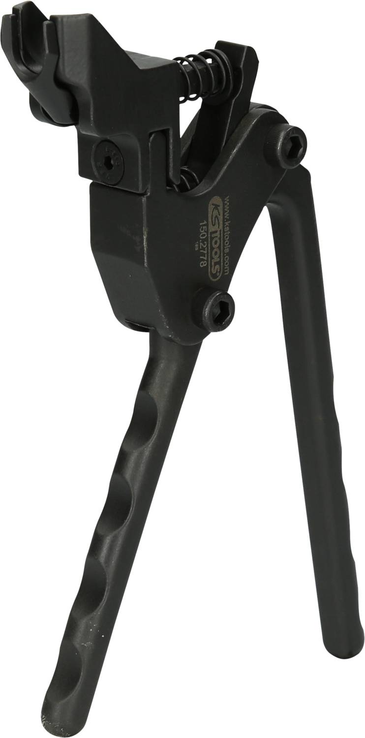 Čierna mechanická svorka s dvomi rukoväťami a skrutkou na vrchu, určená na technické alebo remeselné účely.