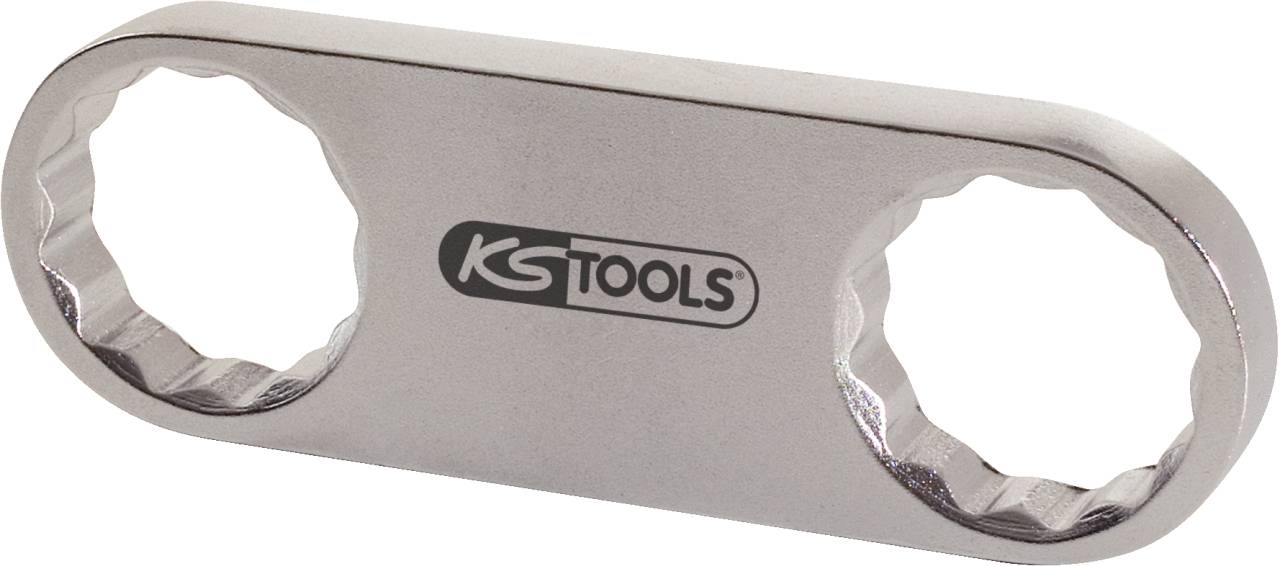 Plochý obojstranný kľúč s dvoma kruhovými otvormi, vhodný pre rôzne veľkosti skrutiek, vyrobený z kovu s logom 'KS TOOLS'.