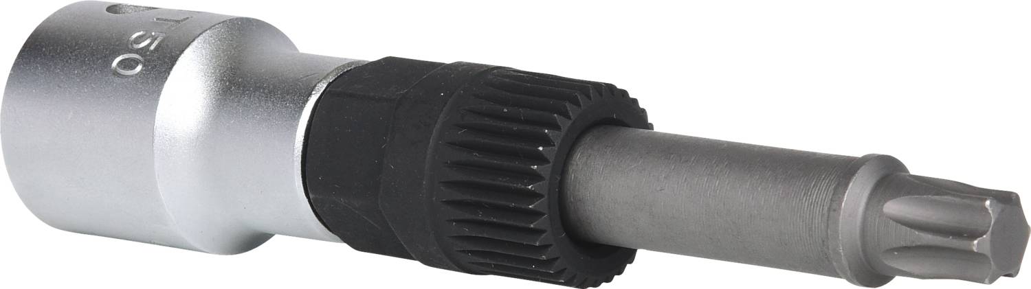 Torx bit so strieborným driekom a čiernou rukoväťou, vhodný pre skrutkovacie práce.