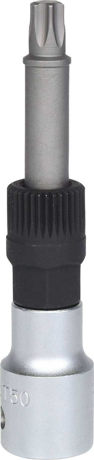 Torx bit s dlhým driekom a strieborným konektorom, označený ako 'T50', na bielom pozadí.