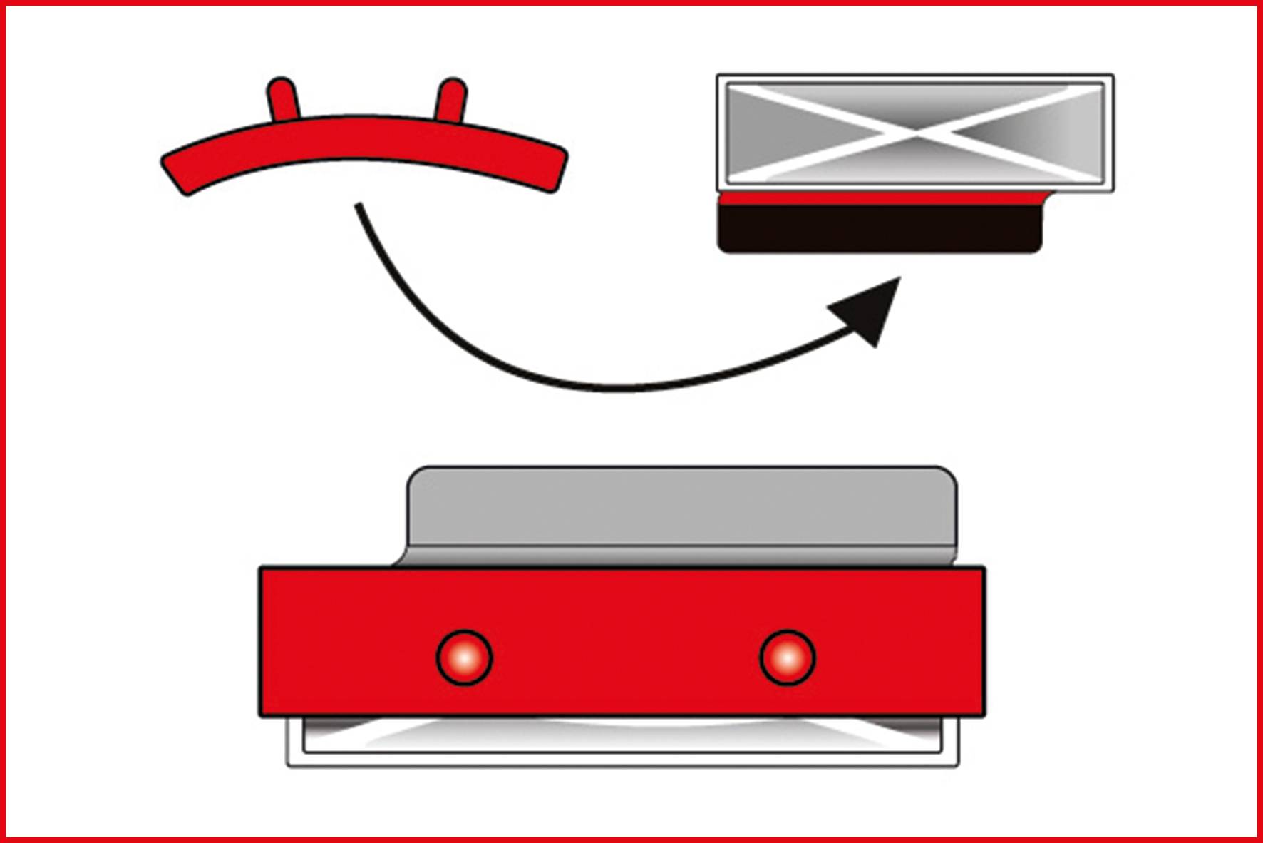 Diagram dvojstupňového mechanizmu: hore zakrivená červená časť s dvoma gombíkmi, ktorá sa sklápa smerom nadol na obdĺžnikovú základňu.