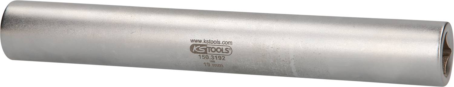 Dlhý, valcový nástrčný kľúč striebornej farby s logom 'KS Tools' a údajom veľkosti '19 mm' na boku.
