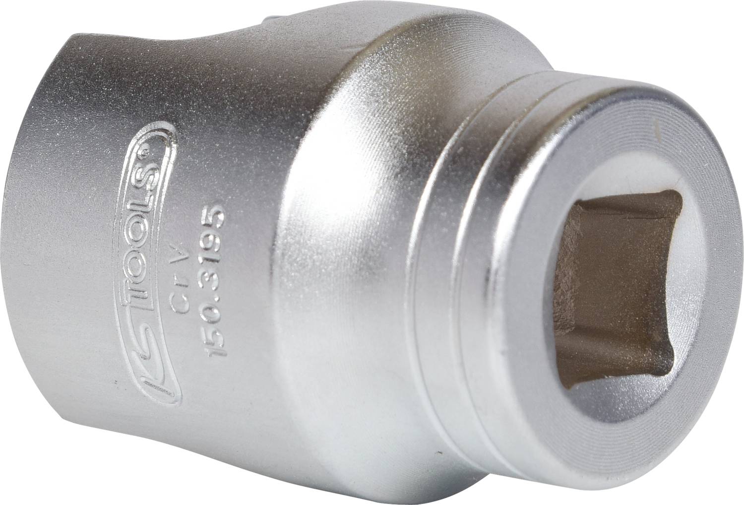 Strieborný kovový nástavec na kľúč s bočnou gravúrou 'ATS Tools 150.3195'.
