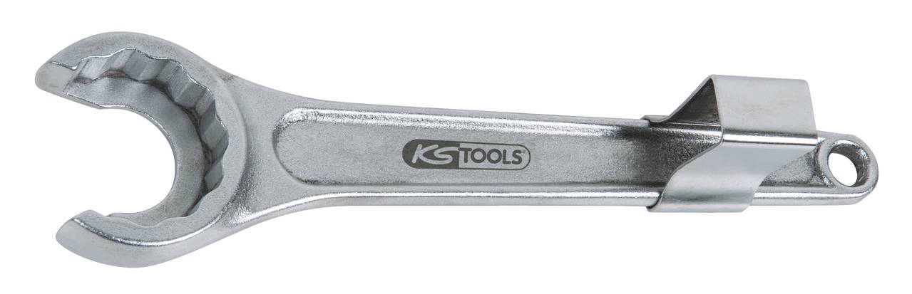 Kovový kľúč s otvorenou čeľisťou a úchytnou slučkou, na rukoväti vyrazená značka 'KS Tools'.
